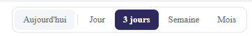 Barre de sélection de vue de l'agenda : bouton Aujourd'hui, puis Jour, 3 jours (actif), Semaine, Mois.