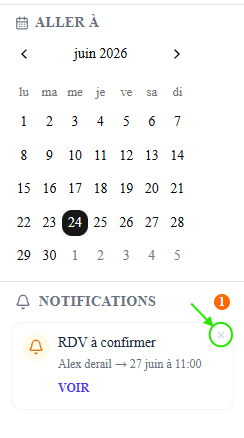 Bas du panneau latéral : carte « Aller à » avec un mini-calendrier mensuel (juin 2026), et carte « Notifications » avec une pastille et une notification « RDV à confirmer ».
