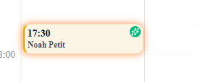 Vignette de RDV dans l'agenda : « 17:30 Noah Petit » sur fond crème bordé d'orange (halo « à encaisser » : RDV passé non payé), avec un badge rond vert « nouveau client » en haut à droite.
