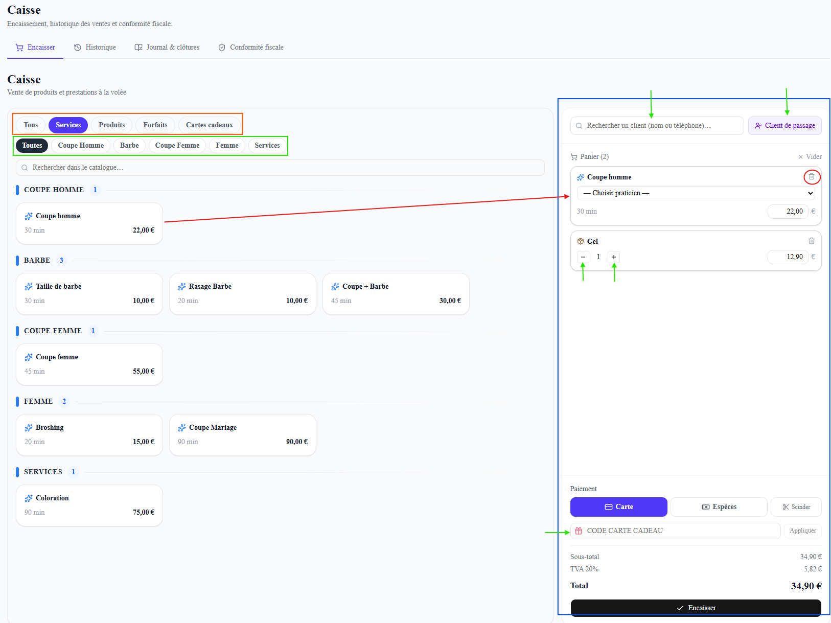 Onglet Encaisser : à gauche le catalogue (filtres Tous/Services/Produits/Forfaits, sous-filtres par catégorie, recherche, cartes cliquables) ; à droite le panier (recherche client + Client de passage, lignes avec choix du praticien et quantité, paiement Carte/Espèces/Scinder, sous-total/TVA/Total, bouton Encaisser).