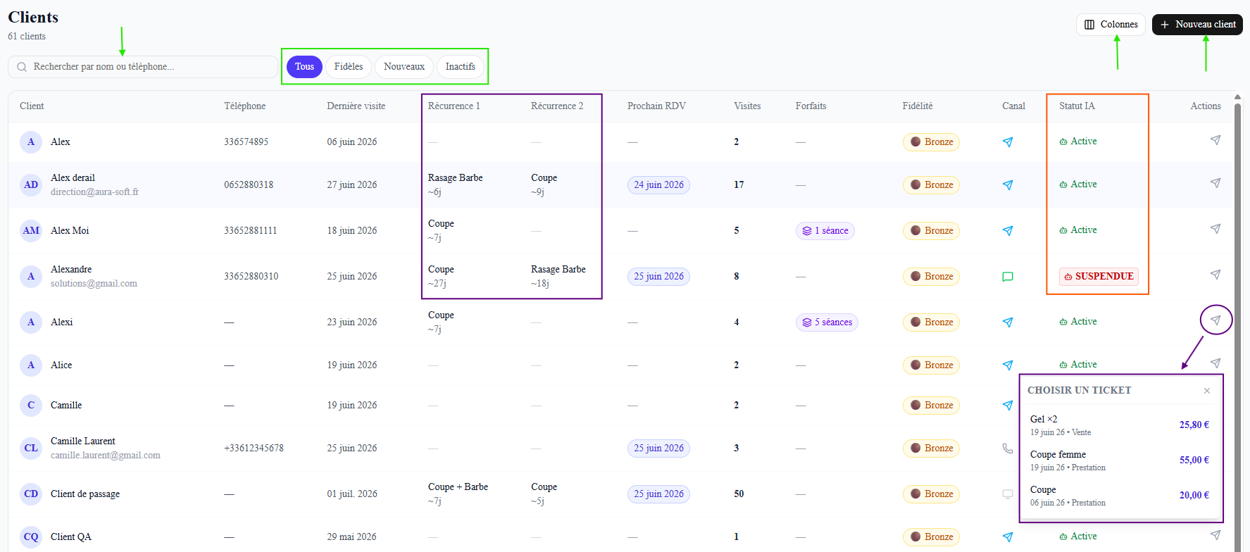 Page Clients : barre de recherche, filtres Tous/Fidèles/Nouveaux/Inactifs, boutons Colonnes et Nouveau client, et le tableau (Client, Téléphone, Dernière visite, Récurrence 1/2, Prochain RDV, Visites, Forfaits, Fidélité, Canal, Statut IA, Actions). Une action ouvre le popover « Choisir un ticket ».