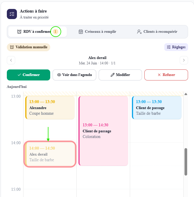 Onglet « RDV à confirmer » : un RDV (Alex derail, Taille de barbe, Mer. 24 juin 14:00) présenté avec les actions Confirmer / Voir dans l'agenda / Modifier / Refuser, au-dessus de la mini vue agenda du jour où le RDV à traiter est cerclé de rouge.