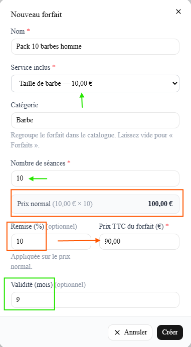 Formulaire « Nouveau forfait » : Nom (Pack 10 barbes homme), Service inclus (Taille de barbe — 10€), Catégorie (Barbe), Nombre de séances (10), Prix normal calculé (10€ × 10 = 100€), Remise (%) 10 ↔ Prix TTC du forfait 90,00€, Validité (mois) 9, boutons Annuler / Créer.