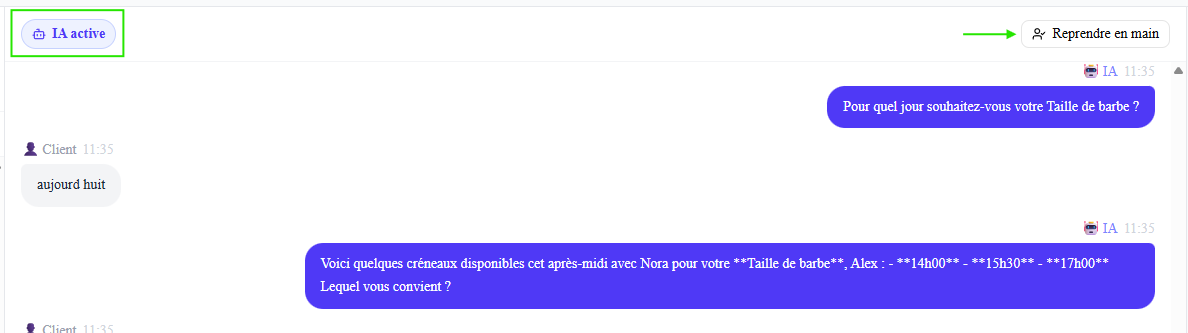 Conversation dans l'onglet Messages : badge « IA active » en haut à gauche, bouton « Reprendre en main » en haut à droite, et le fil de discussion entre l'IA (en violet) et le client (en gris) — l'IA propose des créneaux pour une Taille de barbe.