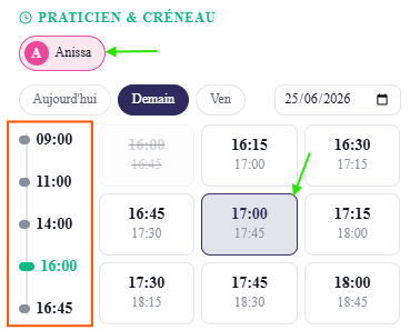 Section « Praticien & créneau » : praticien Anissa sélectionné, raccourcis de date (Aujourd'hui, Demain, Ven) et sélecteur de date, puis la grille des créneaux libres ; les horaires déjà pris sont grisés et barrés, le créneau 17:00 est sélectionné.
