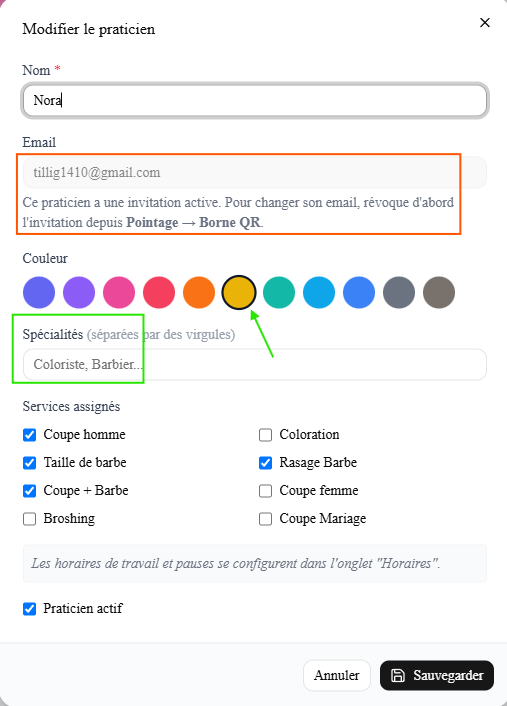 Formulaire « Modifier le praticien » : Nom (Nora), Email, palette de Couleur, Spécialités (séparées par des virgules), Services assignés (cases à cocher), note « les horaires se configurent dans l'onglet Horaires », case « Praticien actif », boutons Annuler / Sauvegarder.