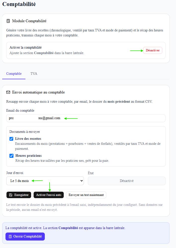 Paramètres > Comptabilité : carte « Module Comptabilité » avec bouton Activer/Désactiver ; onglets Comptable / TVA ; bloc « Envoi automatique au comptable » avec l'email du comptable, les documents à envoyer (Livre des recettes), le jour d'envoi (Le 5 du mois), l'état, et les boutons Enregistrer / Activer l'envoi auto / Envoyer un test maintenant.