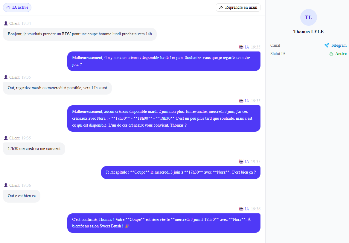 Messagerie Lutinia — conversation IA avec un client par Telegram
