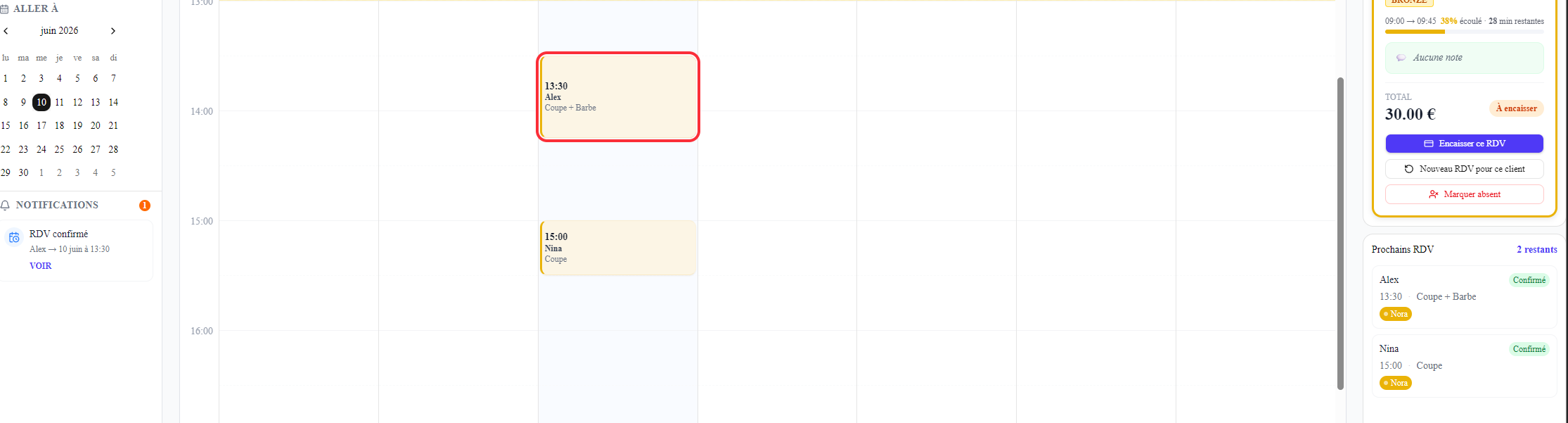 Tableau de bord Lutinia — notification de RDV confirmé et rendez-vous Alex 13:30